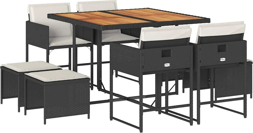 vidaXL 9 részes fekete polyrattan kerti étkezőgarnitúra párnákkal