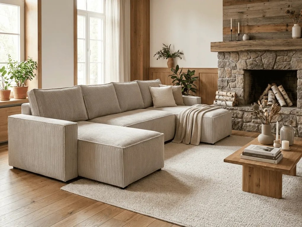 AKCIÓ világosbézs U alakú ülőgarnitúra SMART COSARO 295x140 cm II. osztály