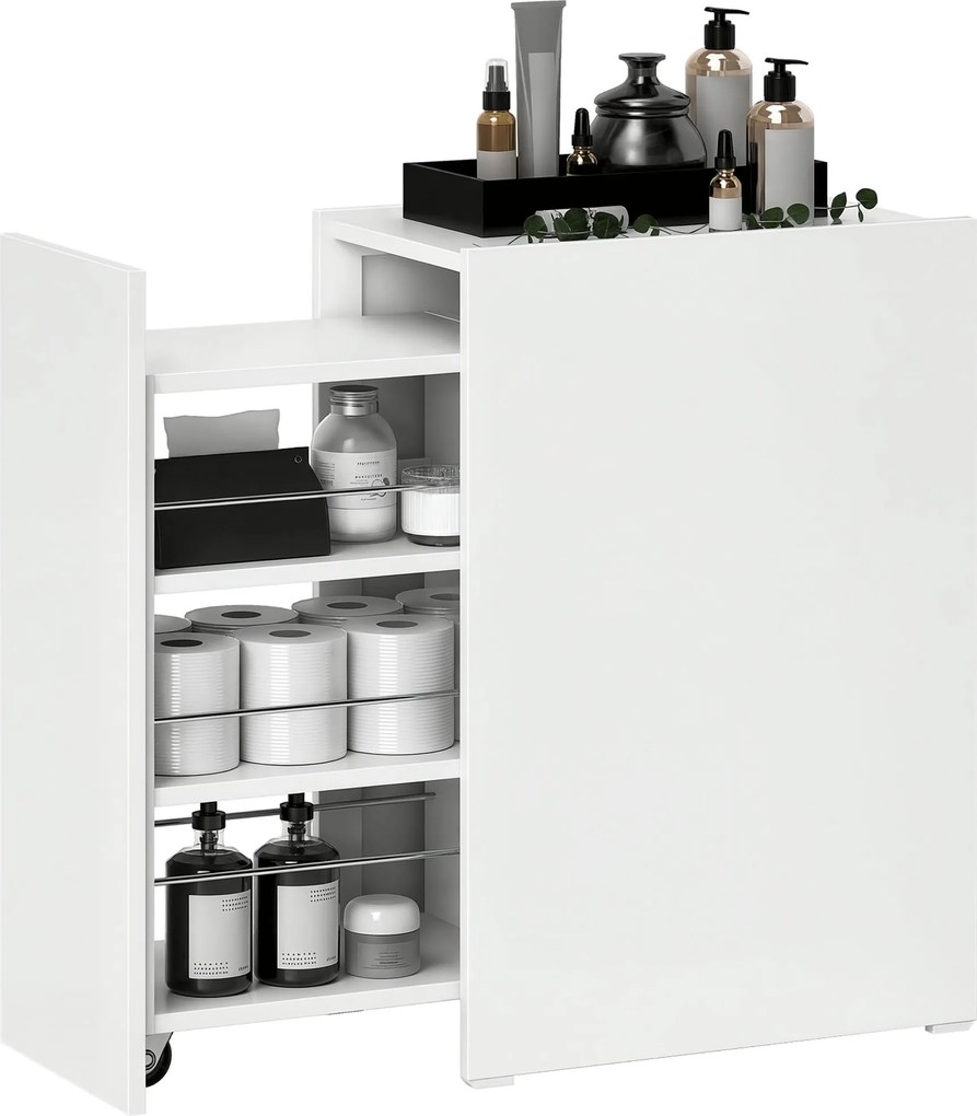 HOMCOM Keskeny Fürdőszobaszekrény Csúszó Fiókkal és Kerekekkel - 3 Rekesz a Kicsi Terekhez - 47x30x66.5 cm Fehér | Aosom