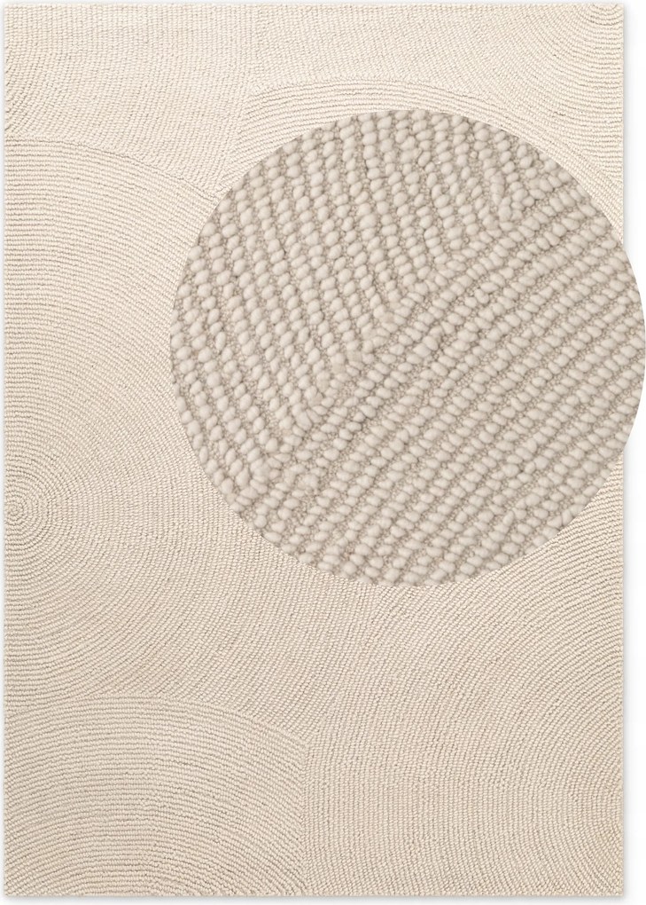 Gyapjú szőnyeg nappaliba 200x300cm, krémszínű félkör minta, 3d hatás