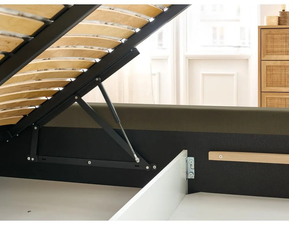 Sötétzöld kárpitozott franciaágy tárolóhellyel, ágyráccsal 180x200 cm Jagna – Bobochic Paris