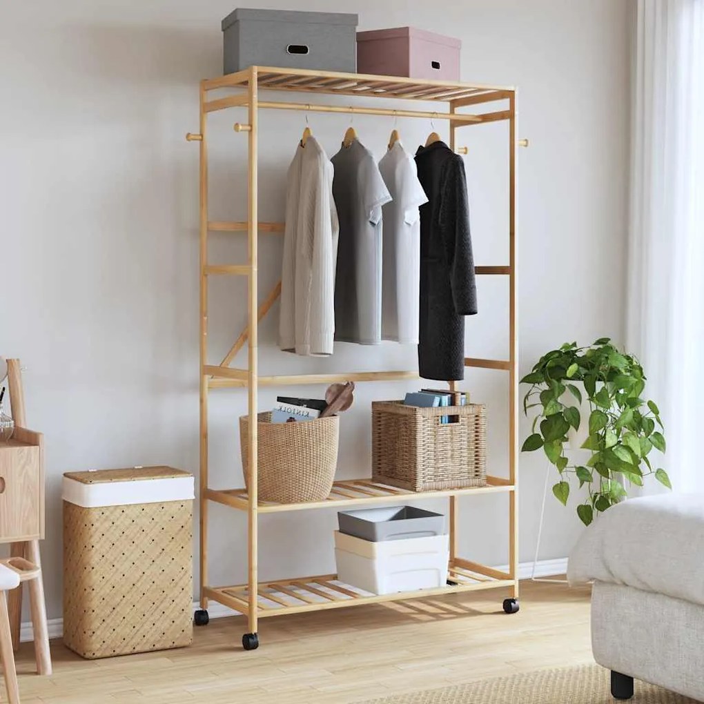 bambusz ruhaállvány polcokkal és kerekekkel 110x40x180 cm