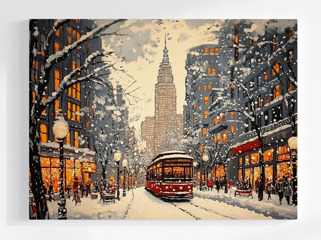 Vászonkép Canvas Téli Tájkép Város Villamos Hó Felhőkarcoló 100x75