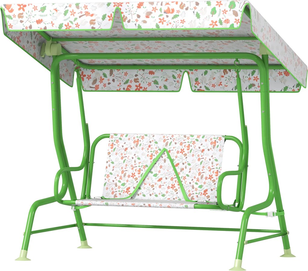 AIYAPLAY Kerti Hinta Gyerekeknek 3 Éves Kortól Két Személyes Hinta Állítható Napernyővel, Biztonsági Övvel és Aranyos Mintákkal 112x75x120 cm Zöld | A