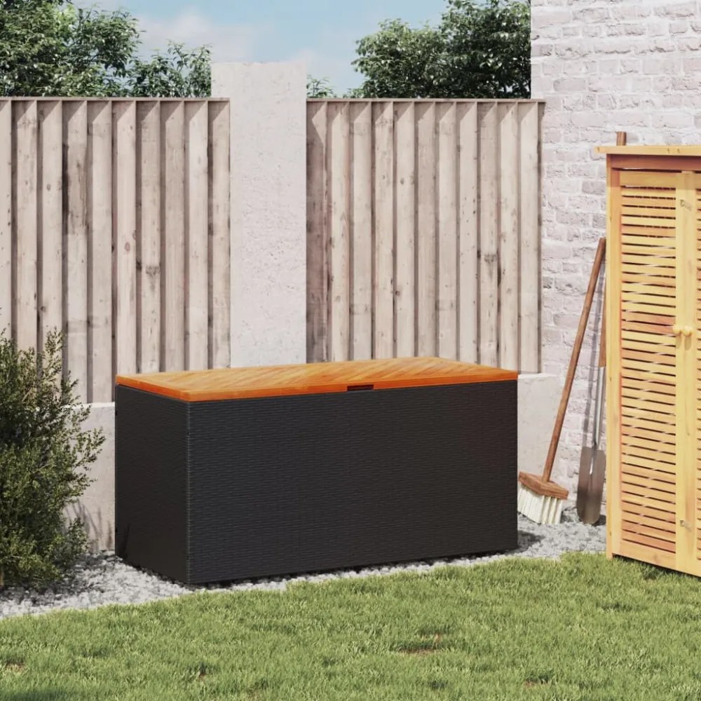fekete polyrattan és akácfa kerti tárolóláda 110 x 50 x 54 cm