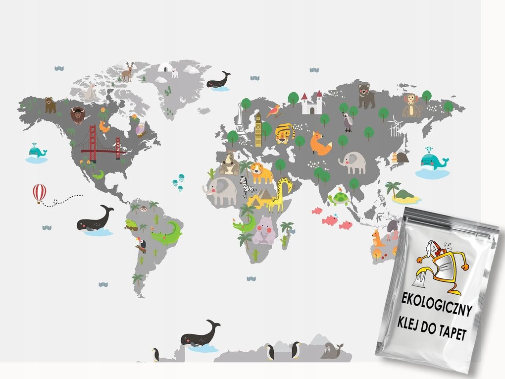 Fotótapéta Flizelina Gyerekek Térkép Világ Földrajz Állatok 150x105 ragasztó