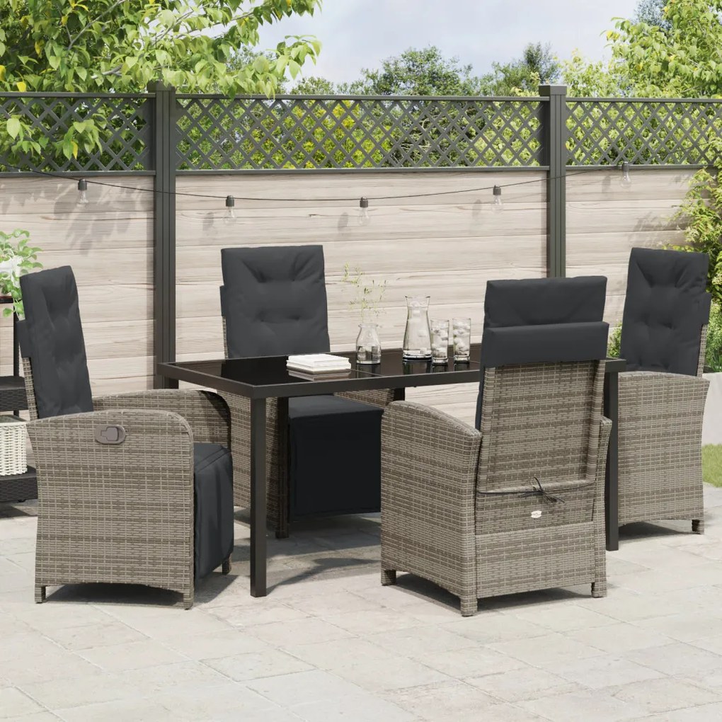 5 darabos kerti étkező szett párnákkal, szürke poli-rattan, Kerti asztal fekete 160x80x73 cm edzett üvegből