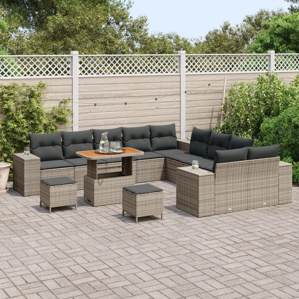 13 Részes Kert Sofa Szett Párnákkal Szürke Poli Rattan Akácia, 3 Részes Kert Étkező Szett Párnákkal Szürke Poli Rattan Akácia