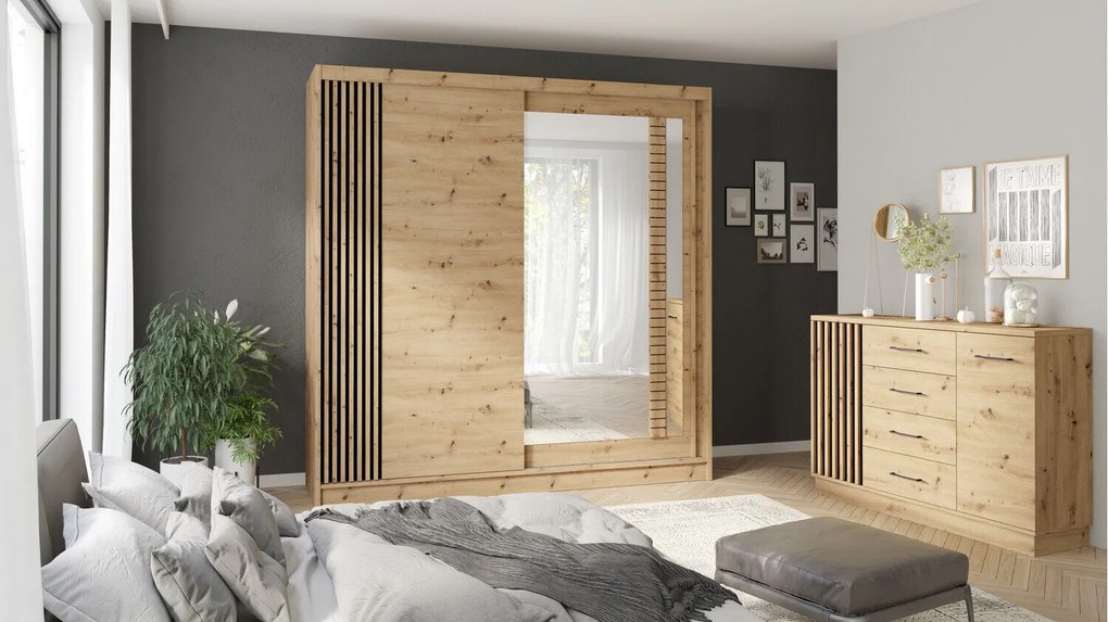 Komód Reno 121Fekete, Artisan tölgy, Fiókos és ajtós, 92x130x37cm