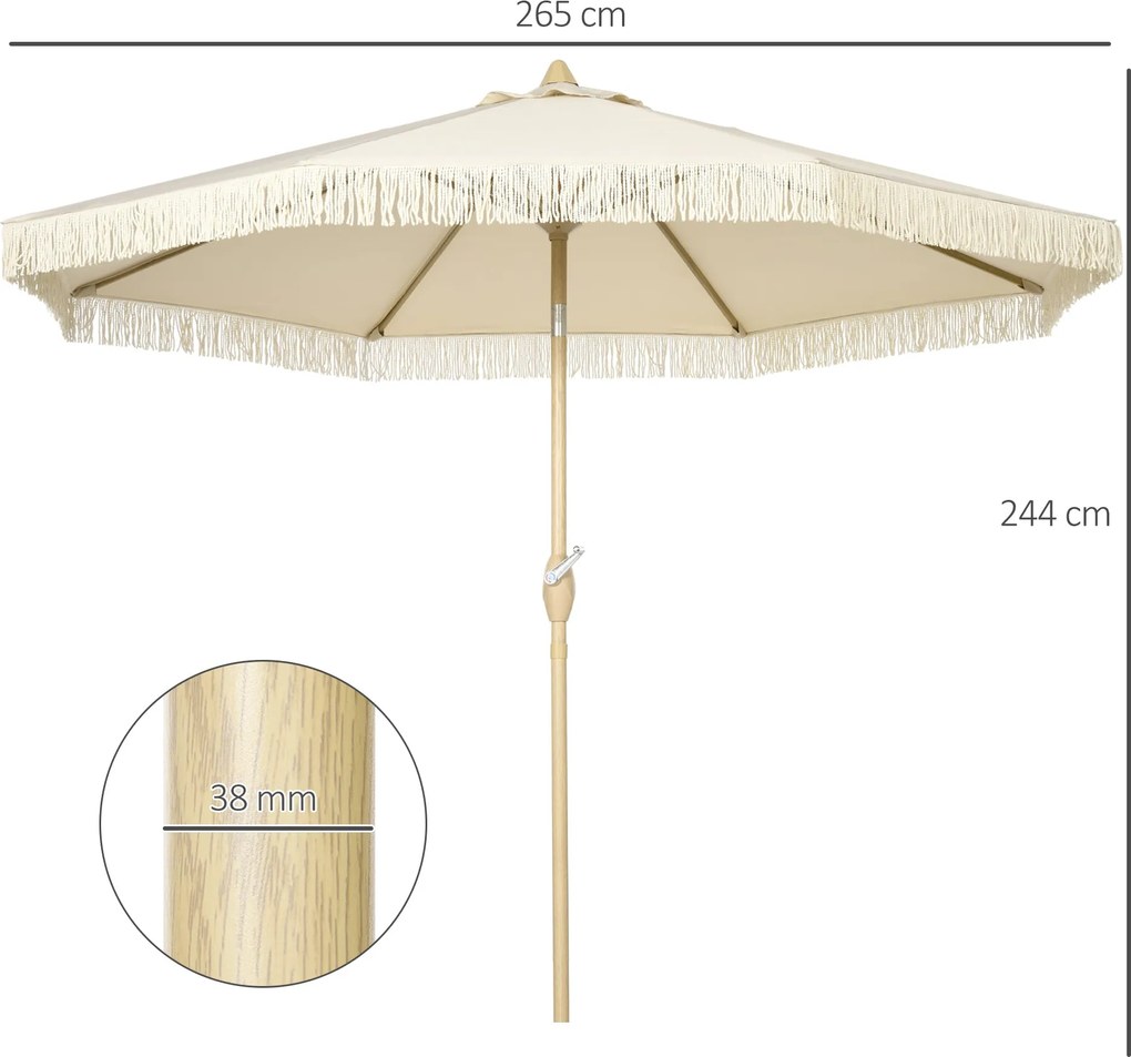 Outsunny Kültéri Kerti Napernyő Fringekkel, Dönthető Kerti Napernyő, Fém Talppal, Bohém Stílusú, 8 Bordás, Ø 265 x 244H cm Krém | Aosom