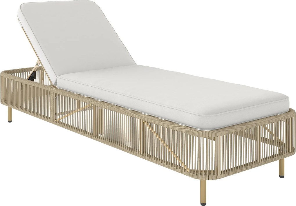 Outsunny PE-rattan napozóágy párnával – 5 fokozatban állítható kültéri napozóágy teraszra és erkélyre, sárga/krém, kb. 120 kg teherbírás | Aosom