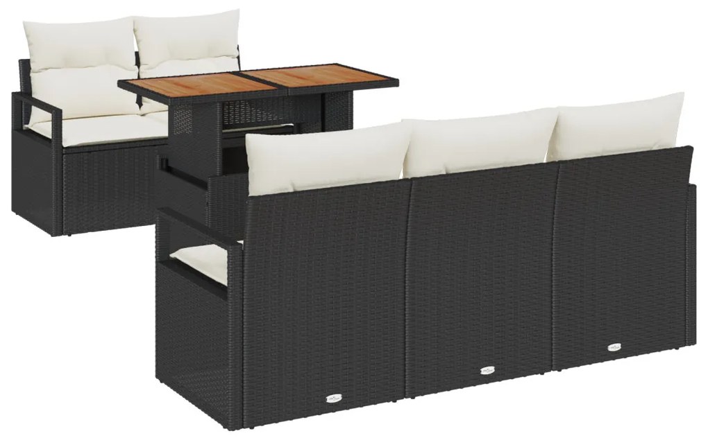 6 Részes Kerti Kanapé Szett Párnákkal Fekete Poly Rattan