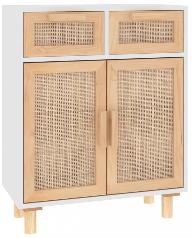 fehér tömör fenyő/természetes rattan tálalószekrény 60x30x75 cm