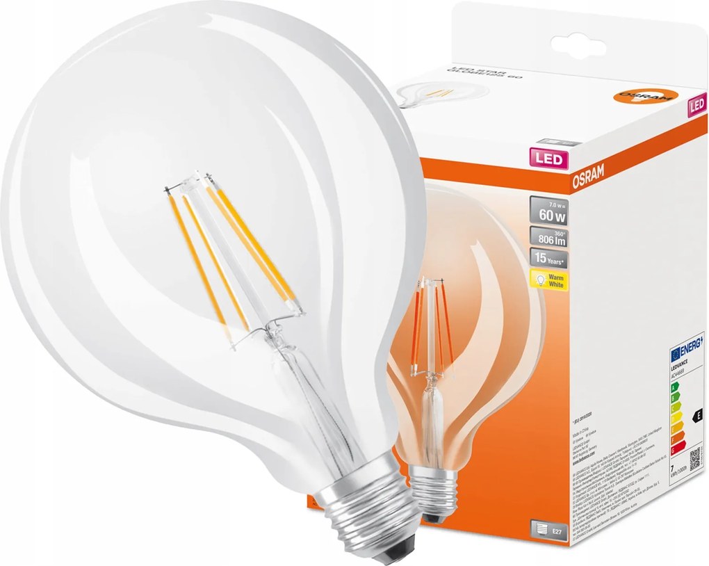 Led izzó G125 Gömb E27 7W 60W 806lm 2700K Meleg 300° Filament Osram