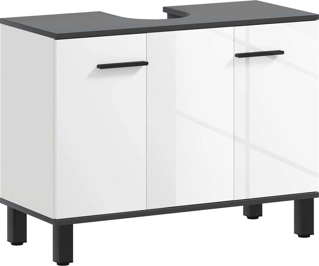 HOMCOM Mosdó Alatti Szekrény Fürdőszobai Mosdókagylóval vagy Lábakkal, 2 Ajtóval és Állítható Polcokkal, 80x34x60 cm Fényes Fehér Fürdőszobához | Aoso