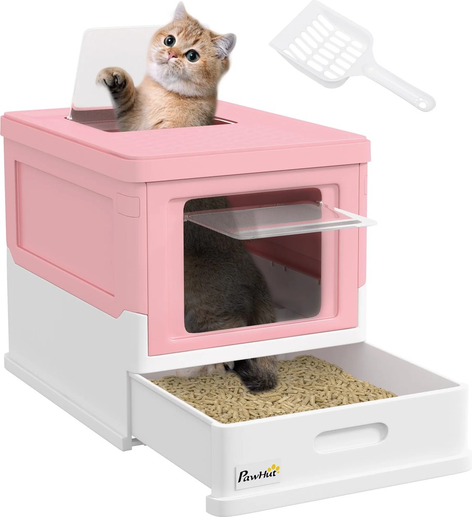 PawHut macska alomtálca fedéllel, zárt macska WC, lapos tálca, maximum 5 kg-os macskáknak 47,5 x 35,5 x 36,7 cm Fehér+Rózsaszín | Aosom