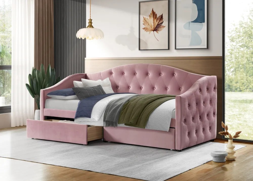 Ágy tárhellyel, 90x200, rózsaszín Velvet szövet, ZASKA