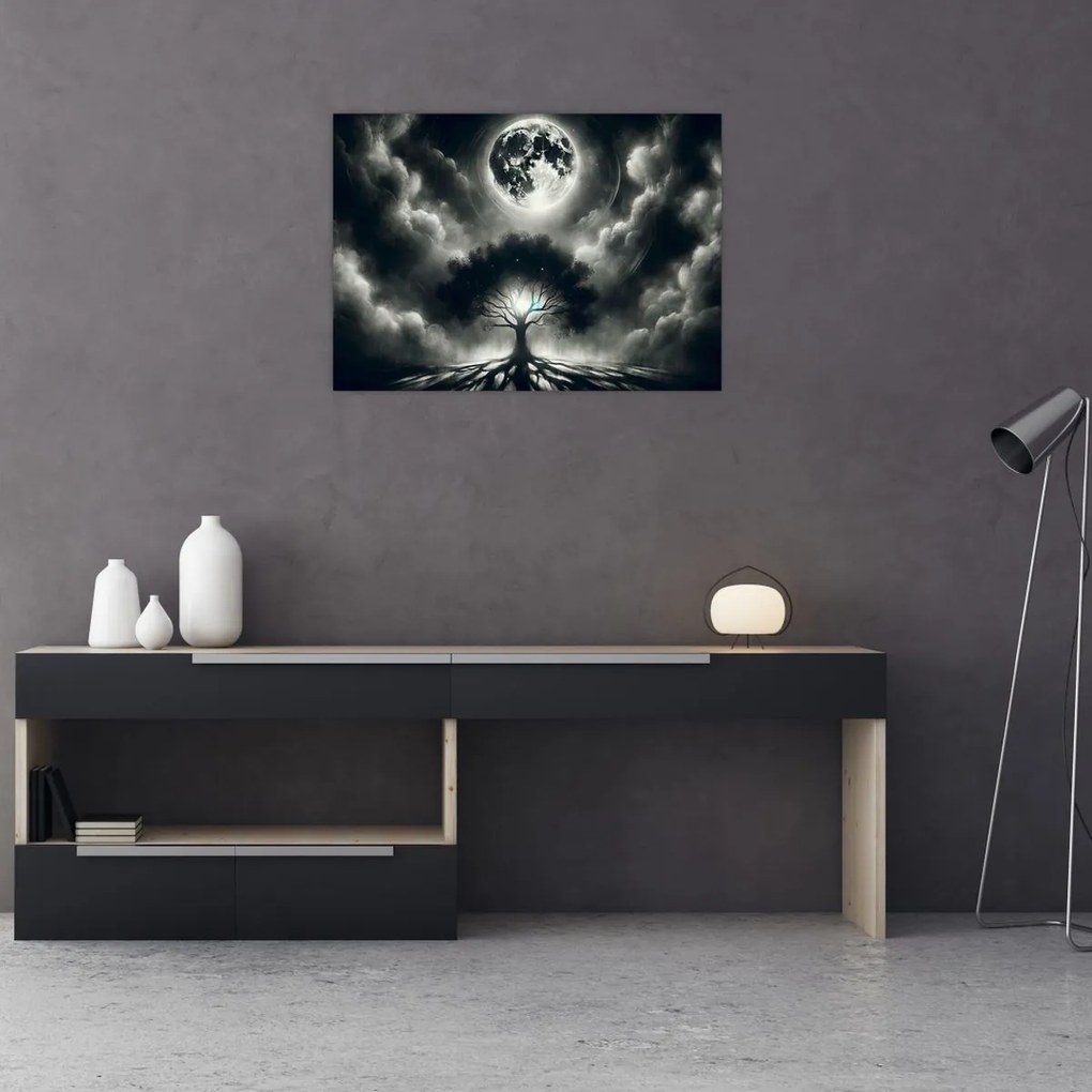 Üveg kép – Fekete-fehér fa teliholdban (70x50 cm)