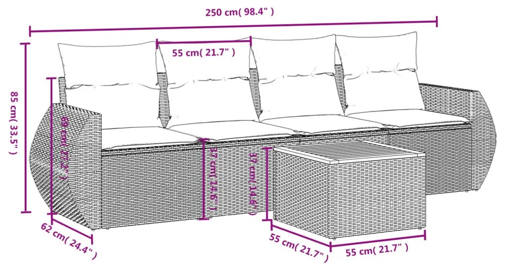 5 részes fekete polyrattan kerti kanapészett párnákkal