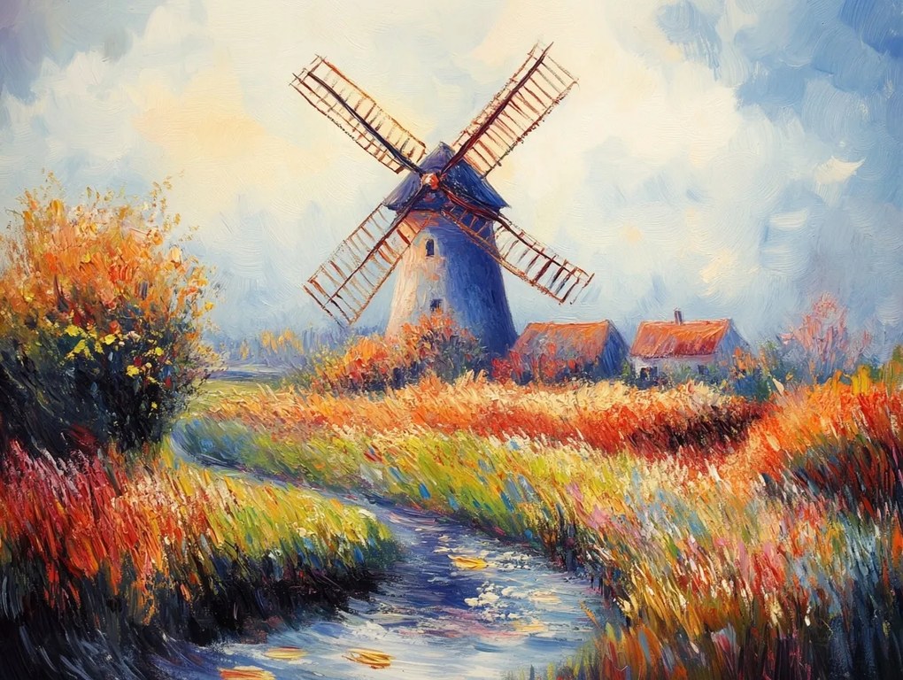 Vászonkép Canvas Tájkép Szabadtéri Táj Falu Szélmalom Folyó 80x60