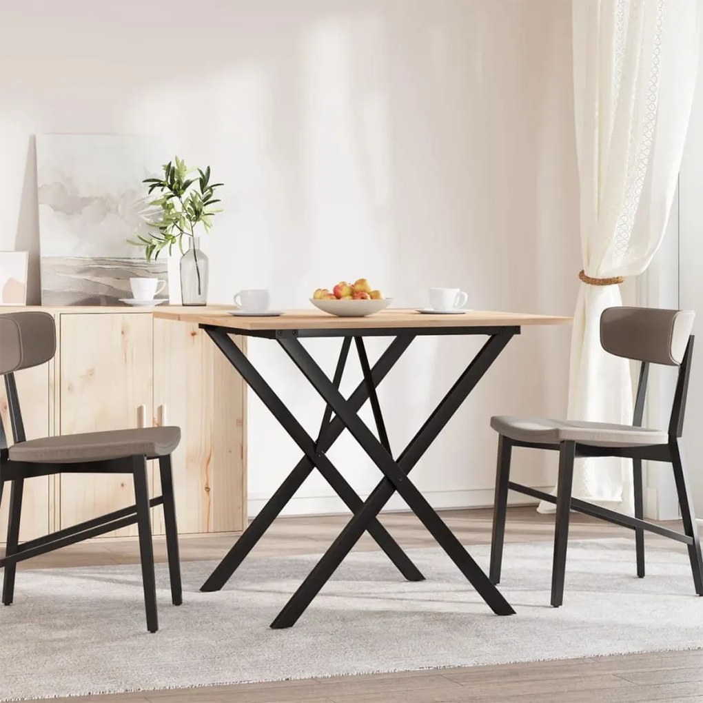 Tömör fenyőfa és acél étkezőasztal X-vázzal 90x90x75 cm