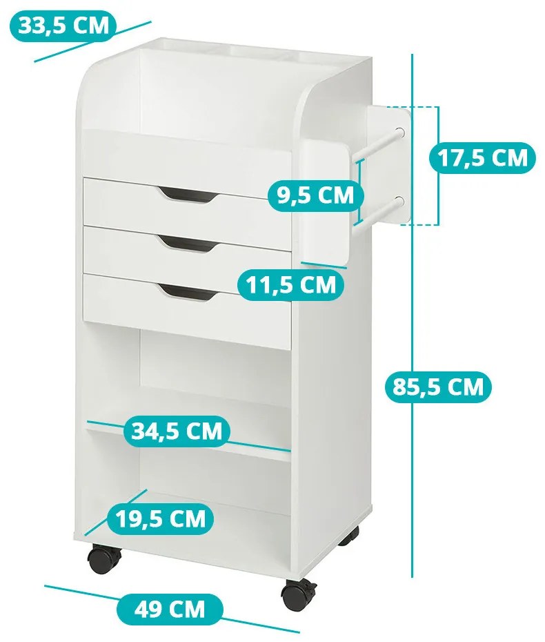 Gurulós tárolószekrény polcokkal, fiókokkal
