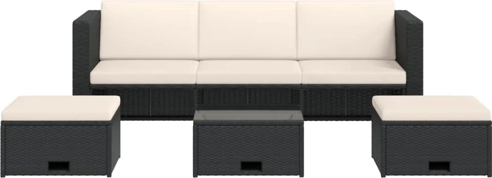 4-részes fekete polyrattan kerti bútorszett párnákkal