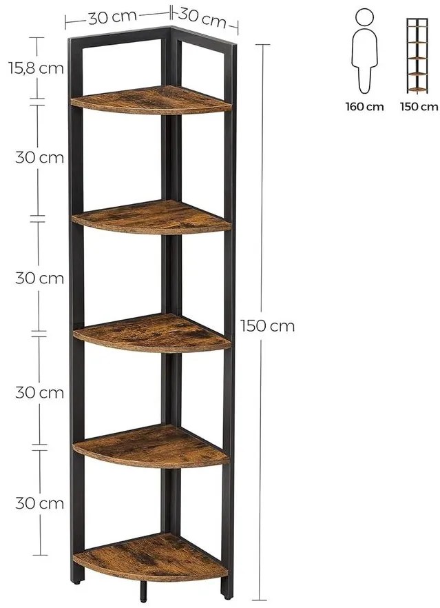5 szintes sarok könyvespolc, sarokpolc, rusztikus barna