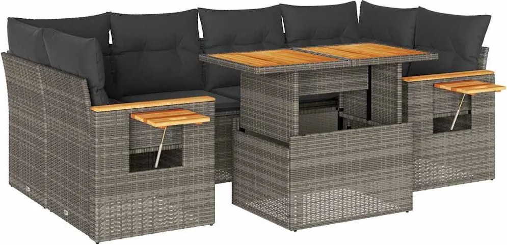 vidaXL 7 részes szürke polyrattan akácfa kerti ülőgarnitúra párnákkal
