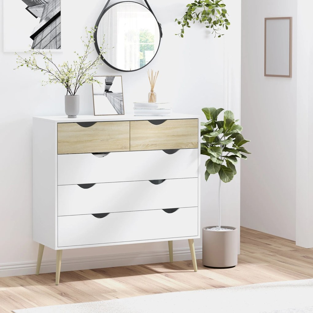 HOMCOM Skandináv Stílusú 5-Fiókos Komód Tárolóegység Fapanelből 99 x 39 x 101 cm Fehér Világos Tölgy | Aosom
