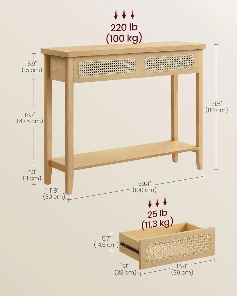 Konzol asztal 2 fiókkal, boho stílusú keskeny asztal, tölgy bézs