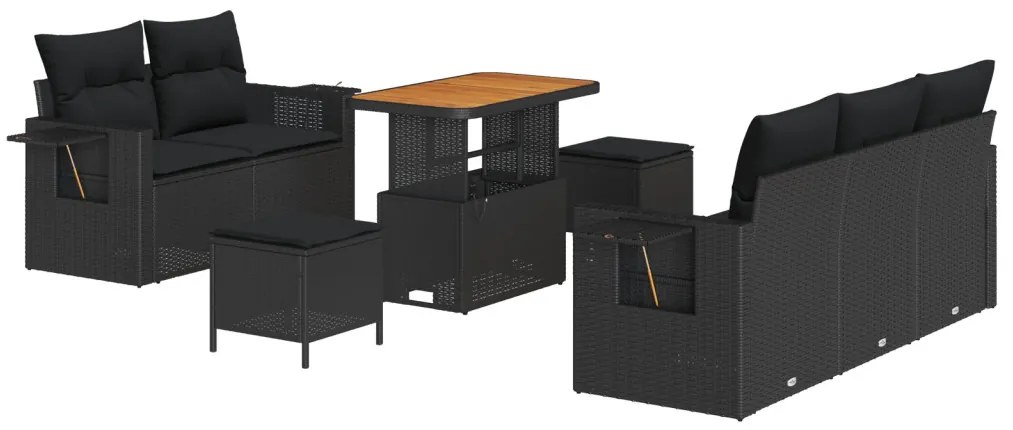 8 darabos kerti kanapészett párnákkal Fekete Poli Rattan Akác