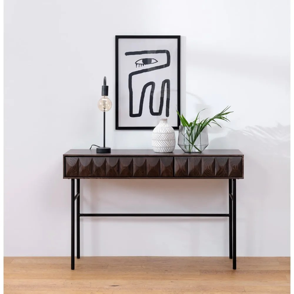 Sötétbarna konzolasztal tölgyfa dekoros asztallappal 39x117 cm Latina – Unique Furniture