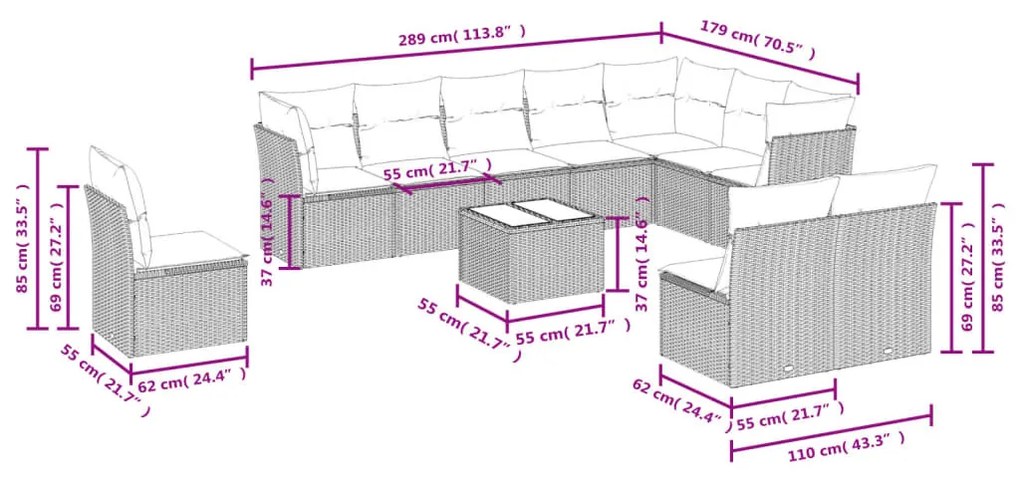 11 részes bézs polyrattan kerti ülőgarnitúra párnákkal