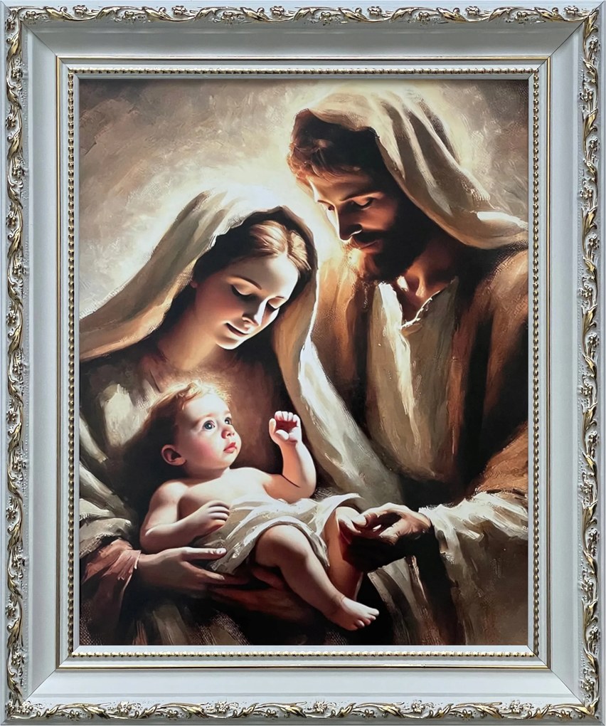 Vászonkép 31x26 Szent Család Jézus Krisztus József Mária Fehér Díszített Keret