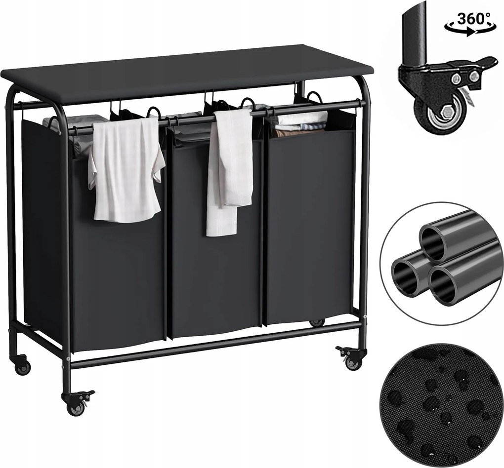 Szenéskosár 3 Rekeszes, Áthelyezhető, Fekete, Galériai Polccal És Vasalódeszkával