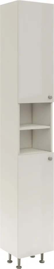 Zaria 2 ajtós fürdőszobai magasszekrény, Fényes fehér / Fehér, MDF, 30 x 27 x 190 cm