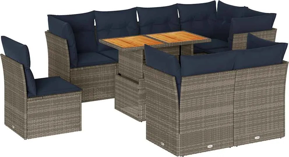 vidaXL 9 részes szürke polyrattan kerti ülőgarnitúra párnákkal
