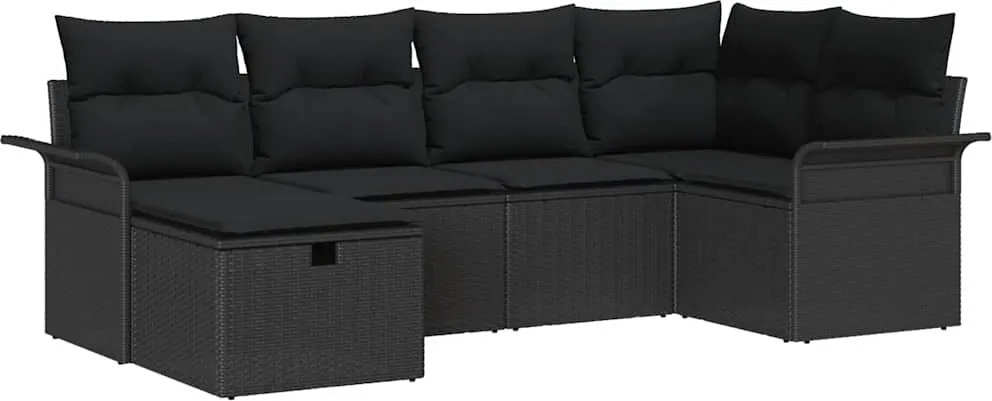 vidaXL Kerti Kanapé Szett párnával tárolóval 6 pcs Fekete polirattan