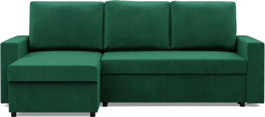 Zeus sarokkanapé, 2 ágyneműtartóval, egyenes kartámasz, bársony, univerzális oldal, hab töltet, zöld