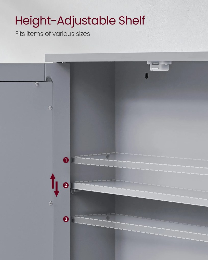 Fali fürdőszekrény tükörrel, 2 ajtós rekesszel, állítható polccal, szürke