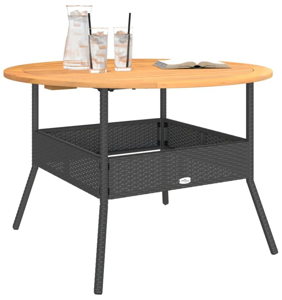 fekete polyrattan kerti asztal akácfa lappal Ø110 x 71 cm
