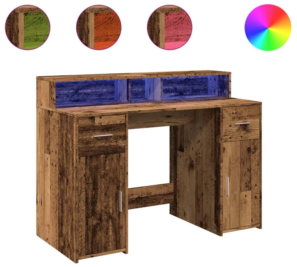 antik fa színű szerelt fa íróasztal LED-ekkel 120 x 55 x 91 cm