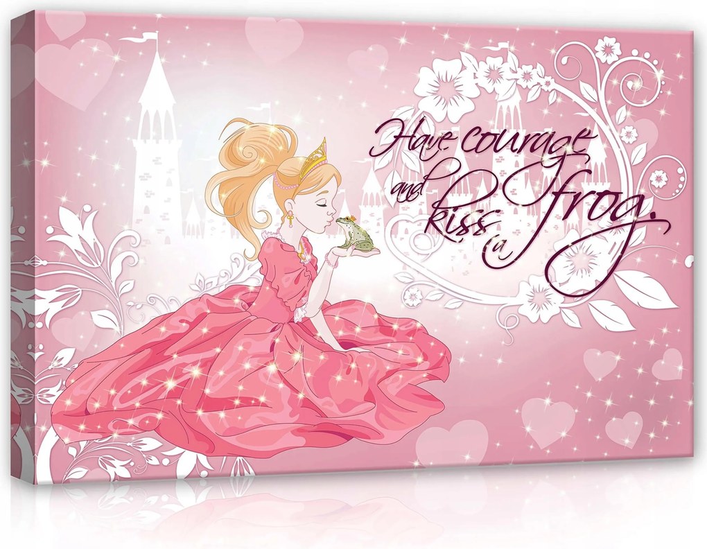 Vászonkép 60x40 Hercegnő béka csók bátorság mese kastély szív rózsaszín