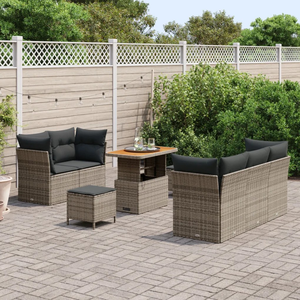 8 Darabos Kert Sofa Szett Párnákkal Szürke Poli Rattan Akácia, 3 Darabos Kert Étkező Szett Párnákkal Szürke Poli Rattan Akácia