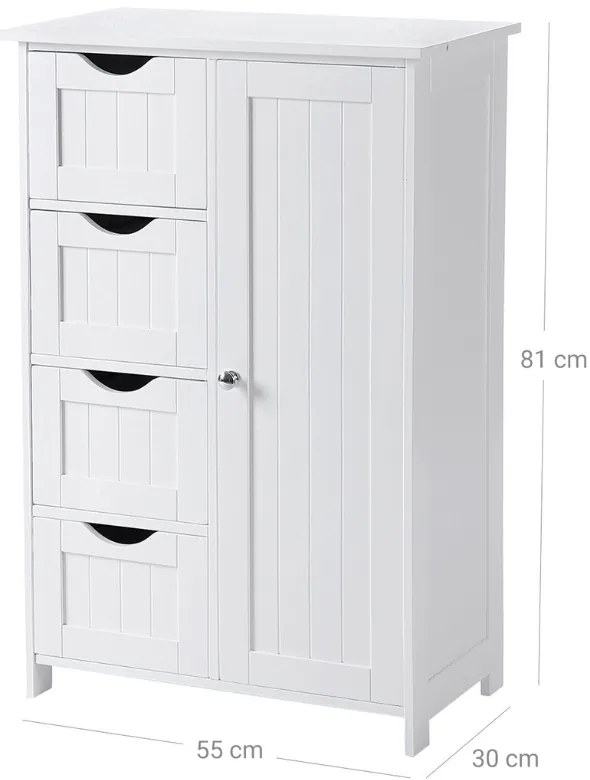 Vasagle PAULA fürdőszobai szekrény 4 fiókkal és polccal, 55x30x81cm, fehér
