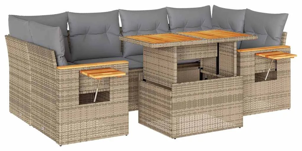 7 részes bézs polyrattan akácfa kerti ülőgarnitúra párnákkal