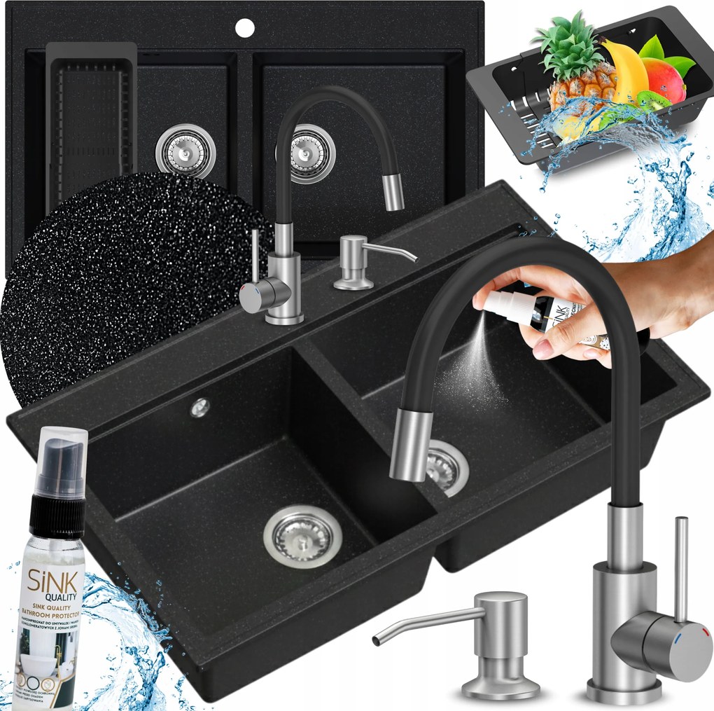 Mosogatótálca Kétrekeszes Gránit fekete metál Nagy Konyhai Csapteleppel