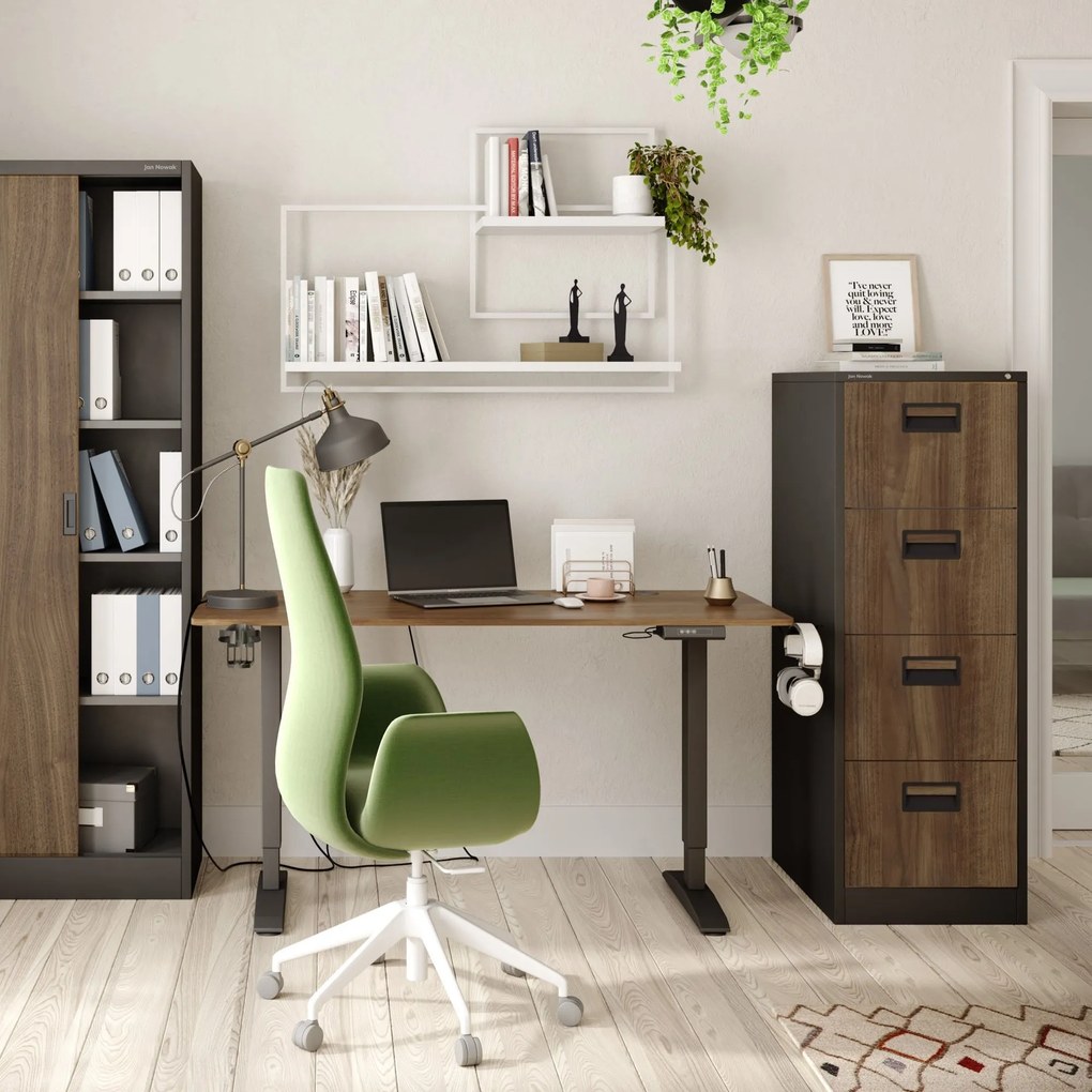 Fém irattartó szekrény, 4 fiókos SARA V4, 460 x 1320 x 620 mm, Eco Design: antracit/ dió