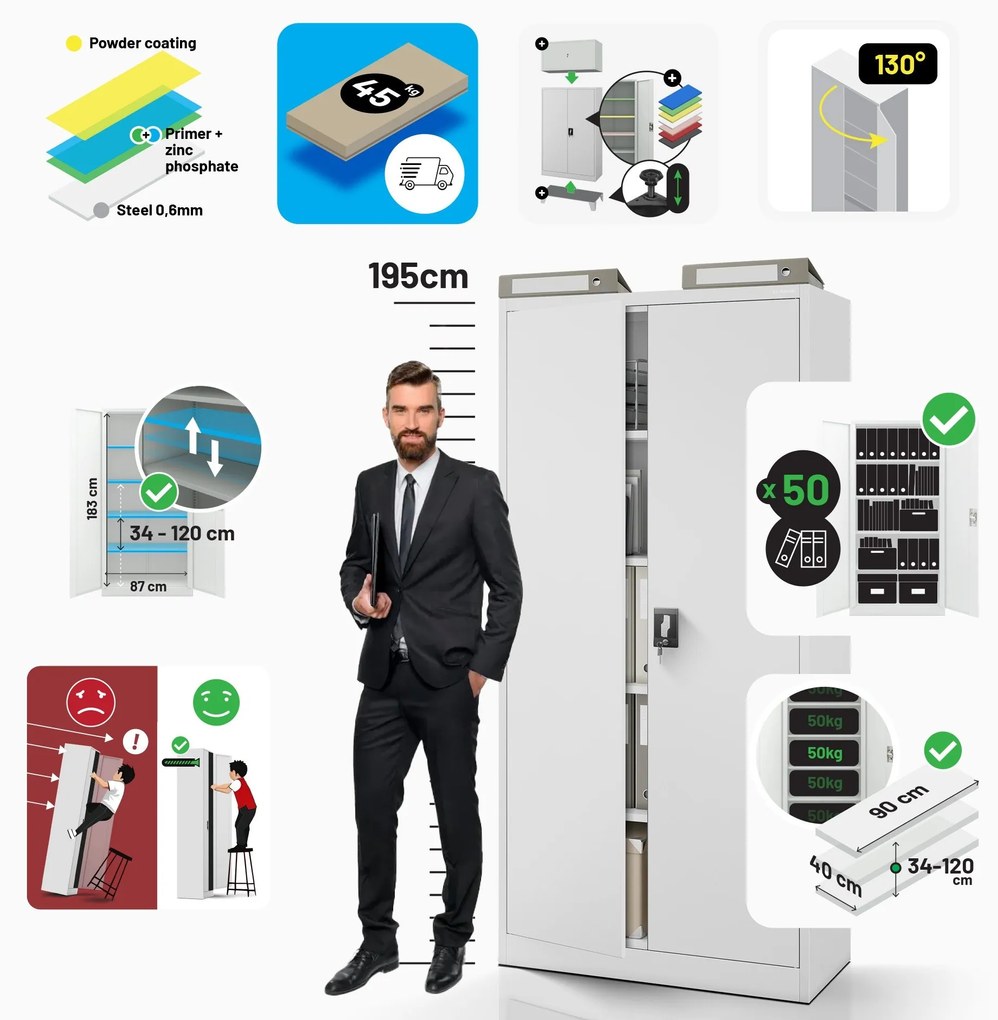 Fém iratszekrény JAN H, 900 x 1950 x 400 mm, szürke